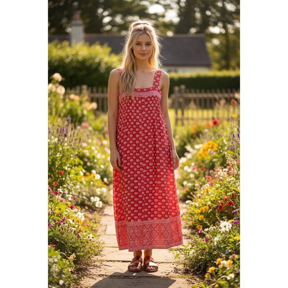 Ramona Rull Vintage Red Floral Cotton Sundress M Boho Sleeveless Pockets Casual